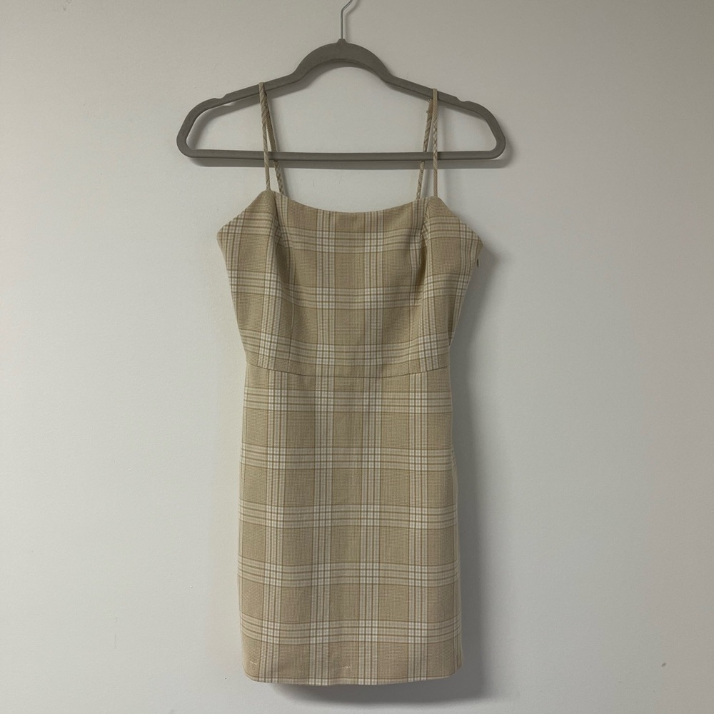 Wilfred Aritzia Isabelle Plaid Mini Dress Tan Cream Slip Cami Size 4 - Picture 2 of 11